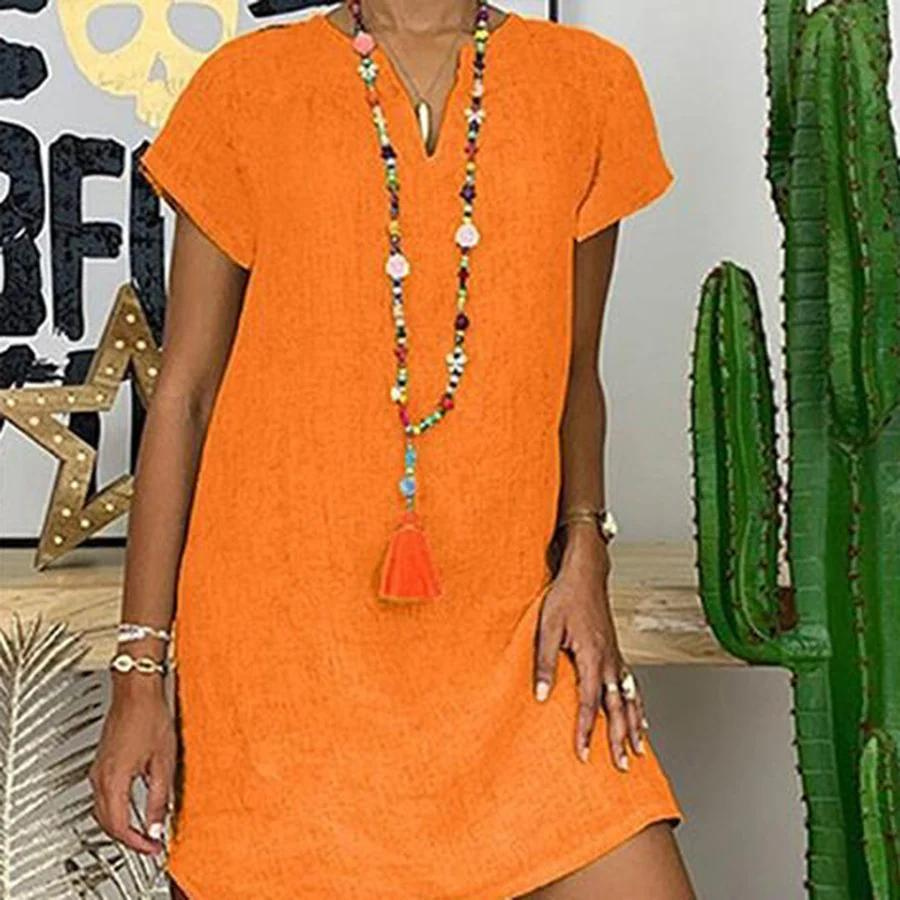 V-Ausschnitt Leinenkleid für Damen