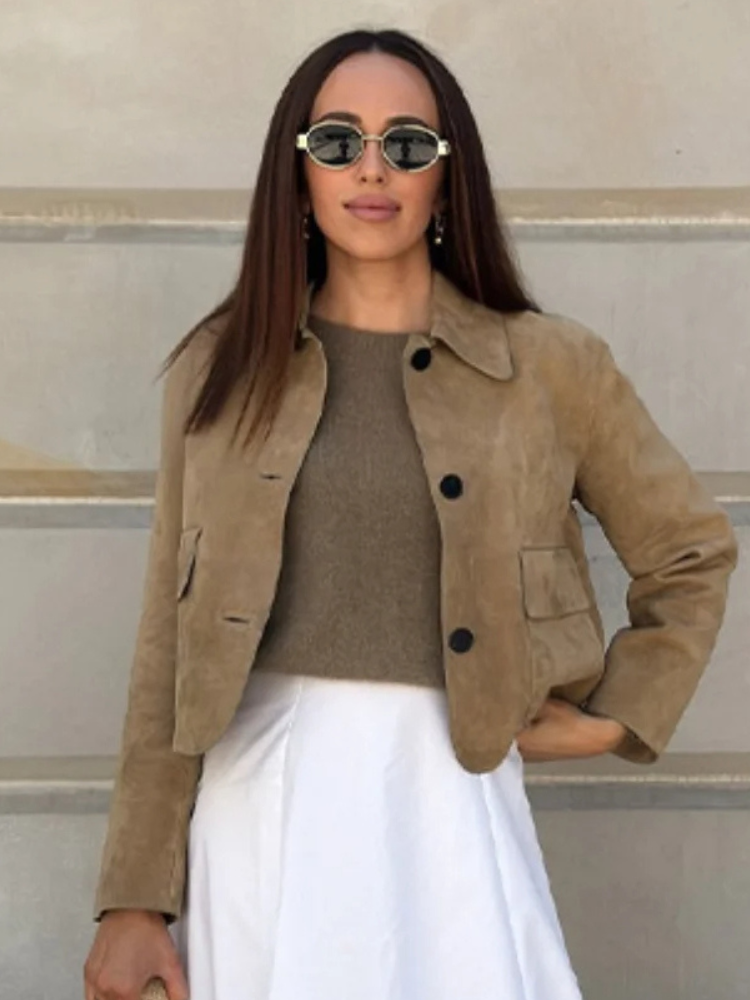 Heidi-Mode | Lederjacke Damen Blazer Modell mit Knopfverschluss und Reverskragen