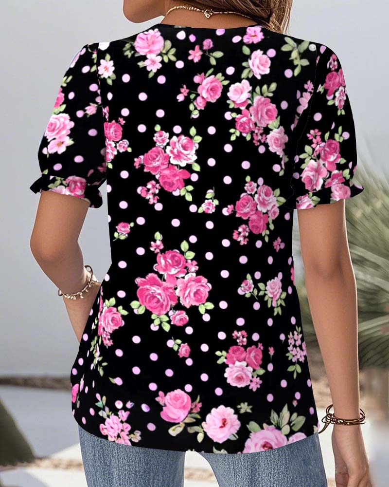 Bluse V-Ausschnitt Spitze Laternenärmel bedruckt