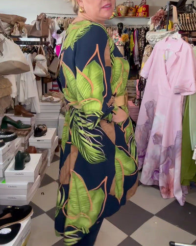 Lockeres Kleid Mit Blattmuster Und V-Ausschnitt
