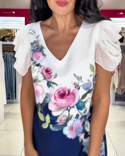 Kleid Puffärmel V-Ausschnitt Rose Blume