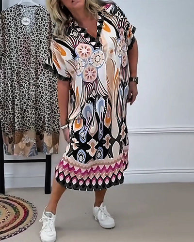 Kleid Boho Bedruckt Gerade Kurzärmelig