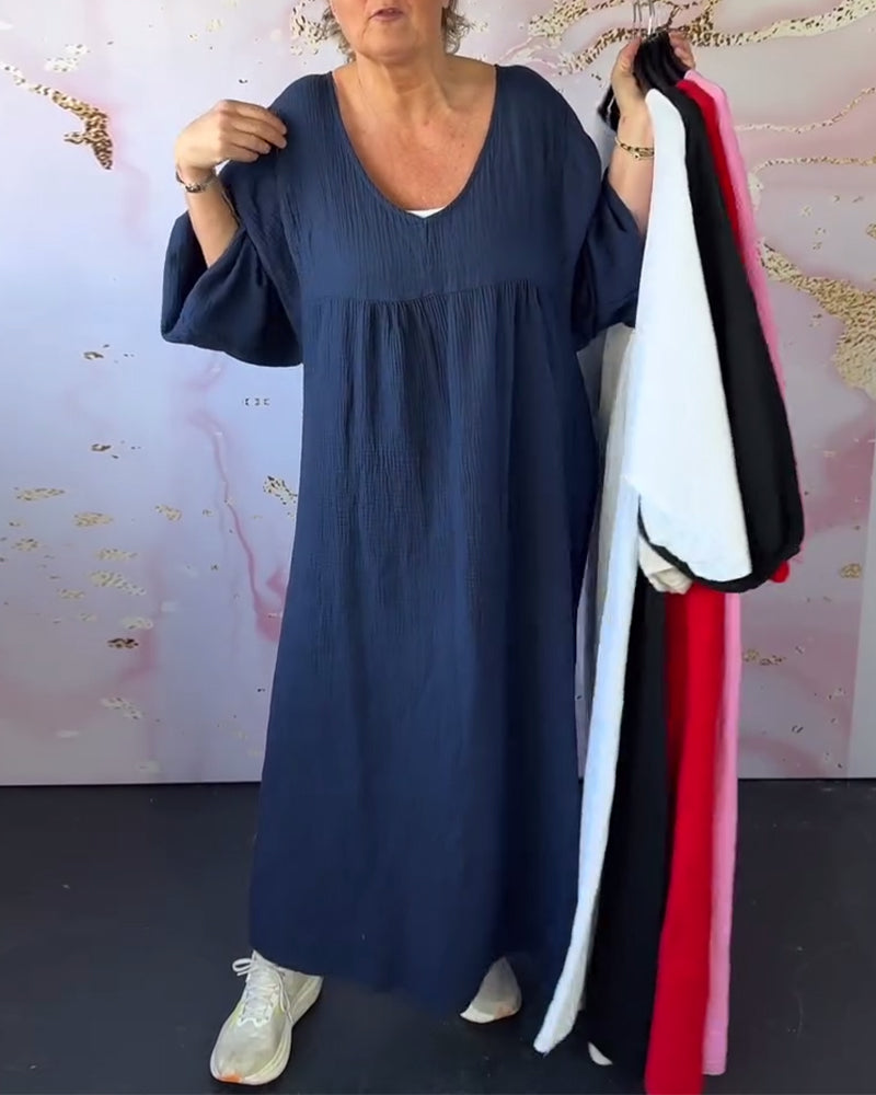 Kleid Waldstil V-Ausschnitt Falten Einfarbig