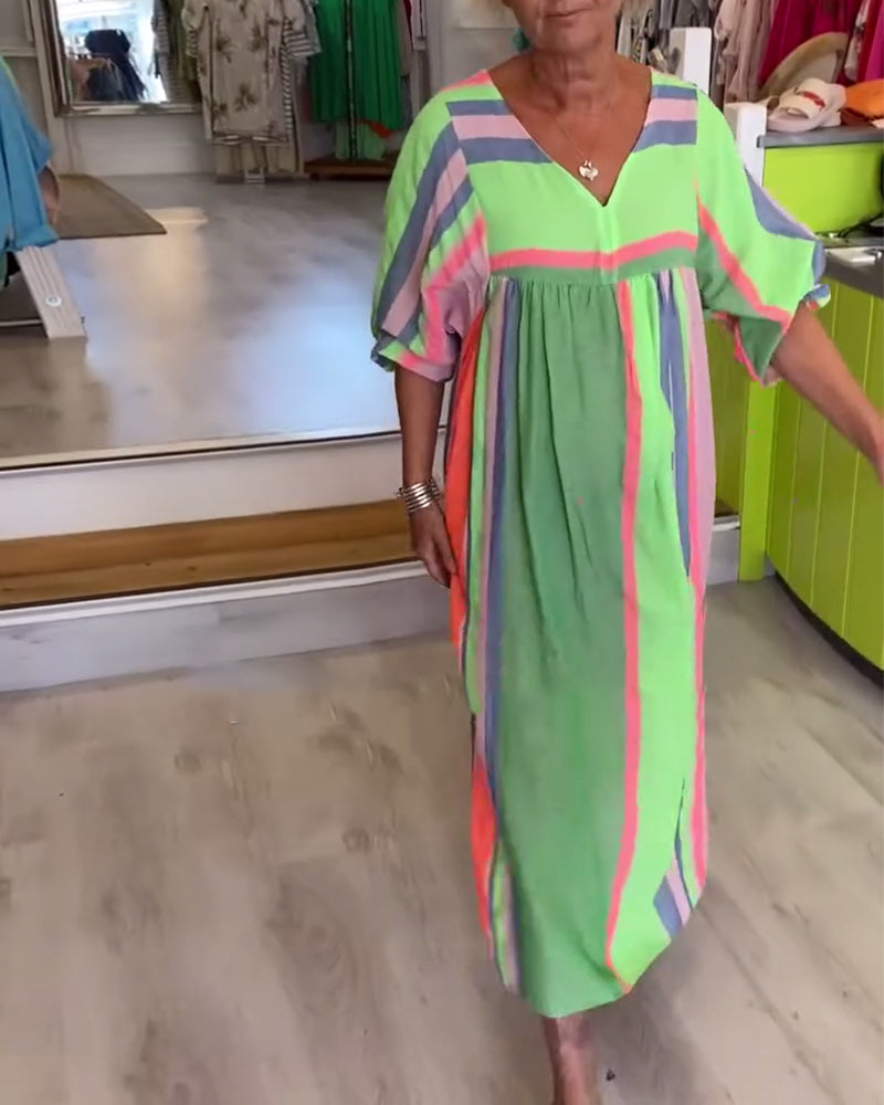 Kleid V-Ausschnitt Laternenärmel Geometrischer Druck Übergroß