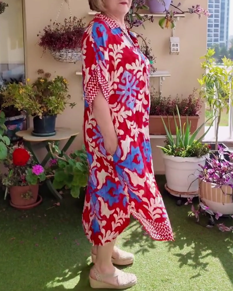 Kleid Mode Revers Gedruckt Locker