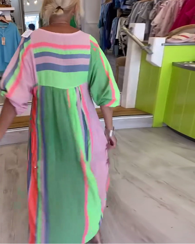 Kleid V-Ausschnitt Laternenärmel Geometrischer Druck Übergroß