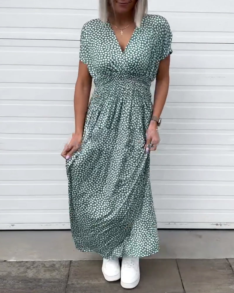 Kleid V-Ausschnitt Bedruckte Taille Kurzärmelig
