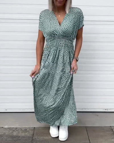 Kleid V-Ausschnitt Bedruckte Taille Kurzärmelig