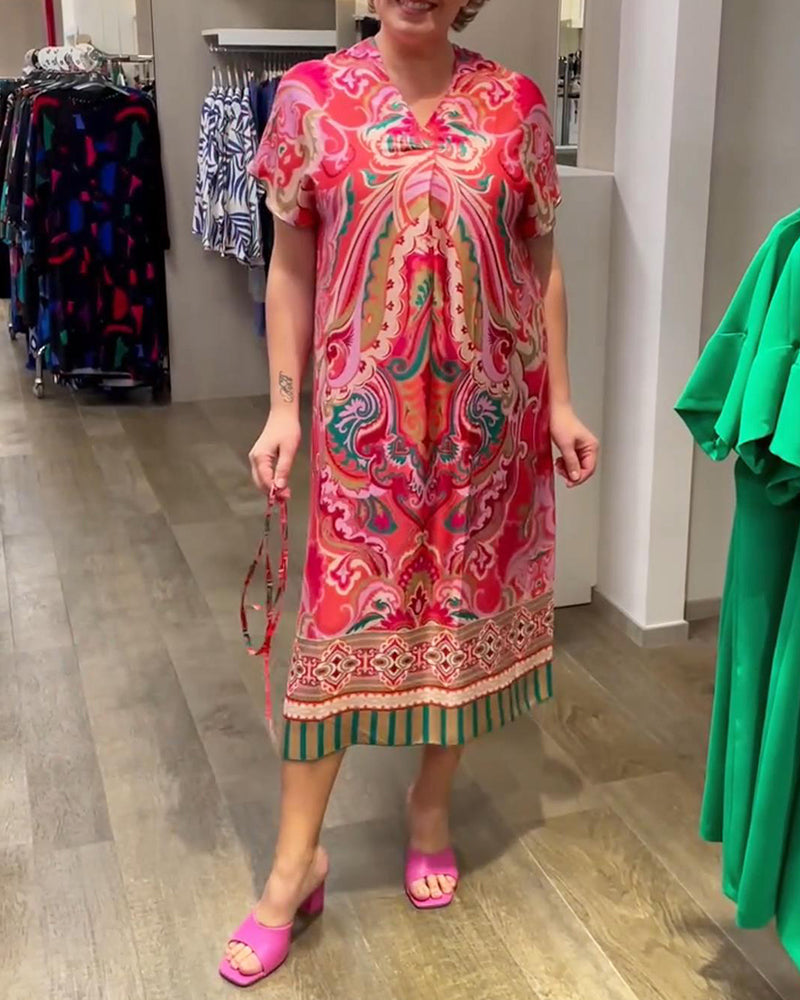 Kleid V-Ausschnitt Bedruckt Kurzärmelig Locker
