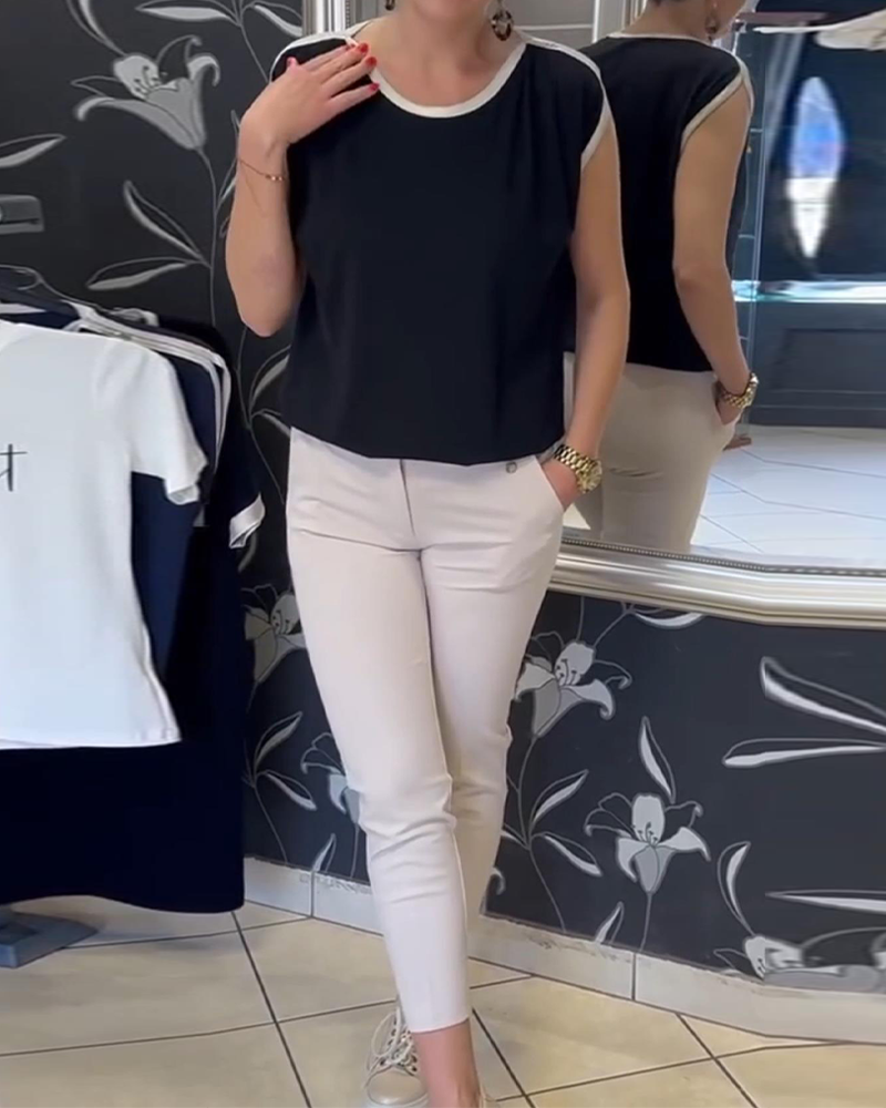 Bluse Kontrastfarbe Ärmellos