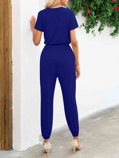 Heidi-Mode | Kurzarm V-Ausschnitt Jumpsuit mit Taschen