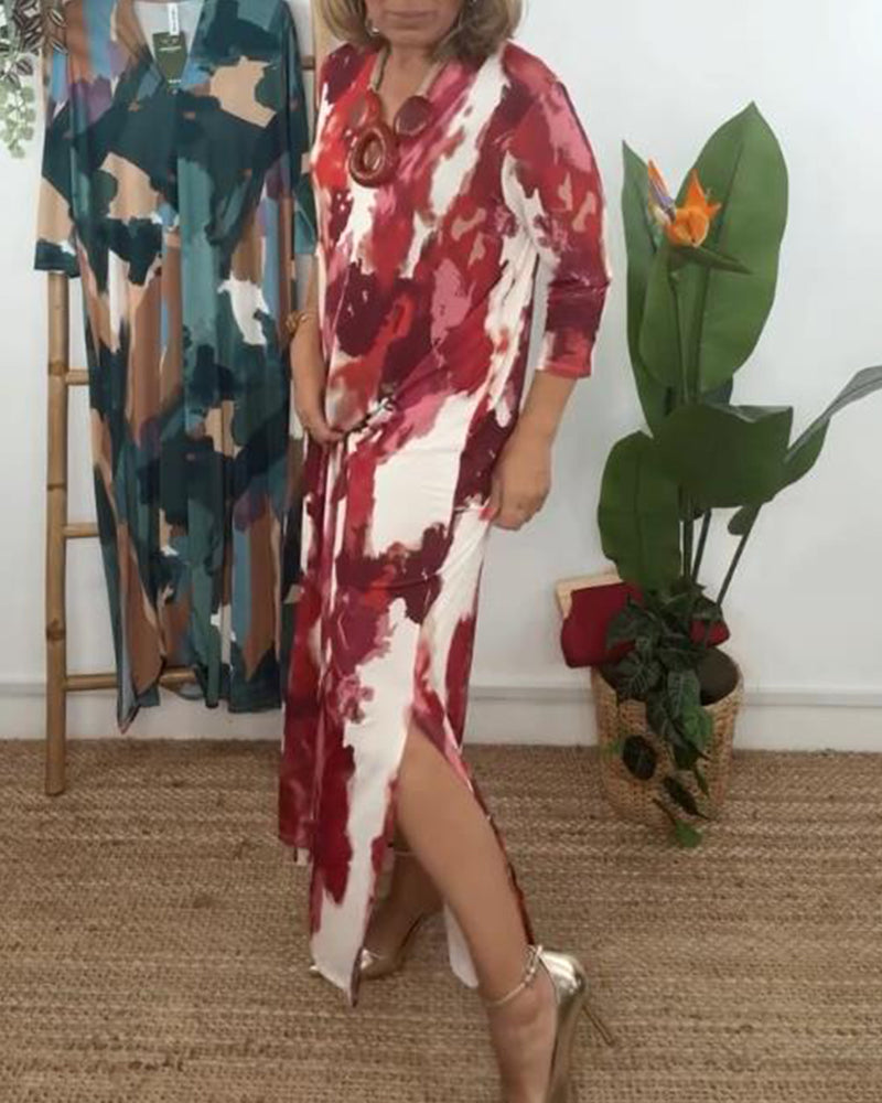 Kleid Elegant V-Ausschnitt Bedruckt Schlitz