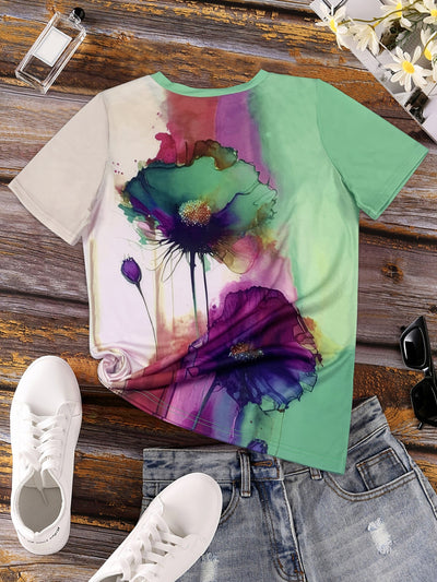 Heidi-Mode | Blumenprint Farbblock T-Shirt mit Kurzarm