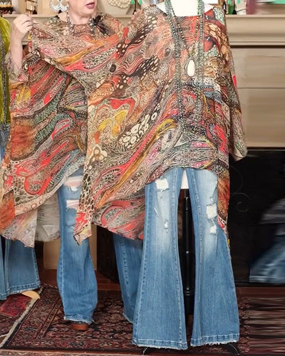 Bluse Locker Fledermausärmel Print