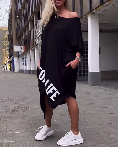 Kleid Unregelmäßig Buchstabendruck Locker