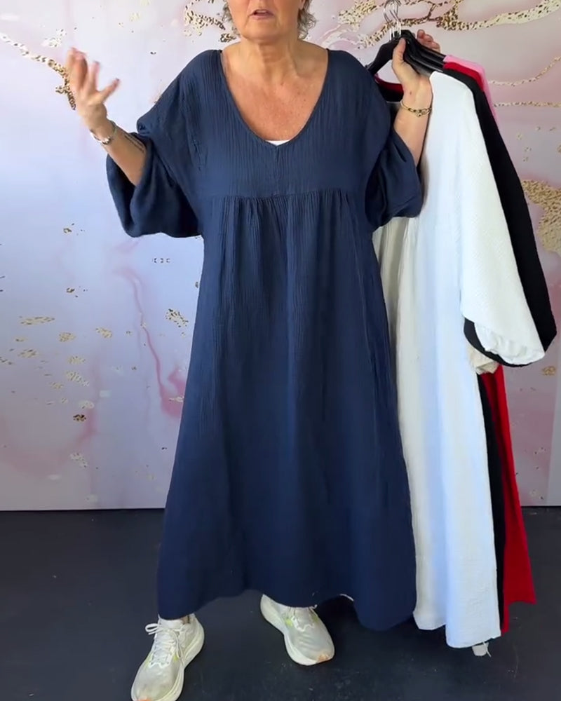 Kleid Waldstil V-Ausschnitt Falten Einfarbig