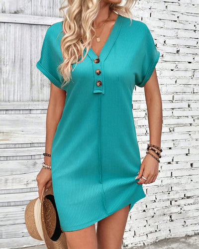 Kleid V-Ausschnitt Unifarben Drei Knöpfe Kurzarm