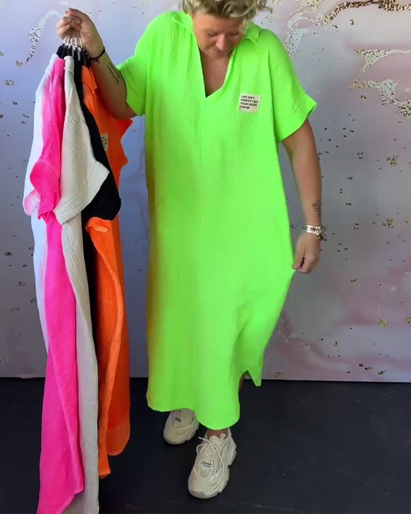 Kleid V-Ausschnitt Gefaltet Einfarbig Lang