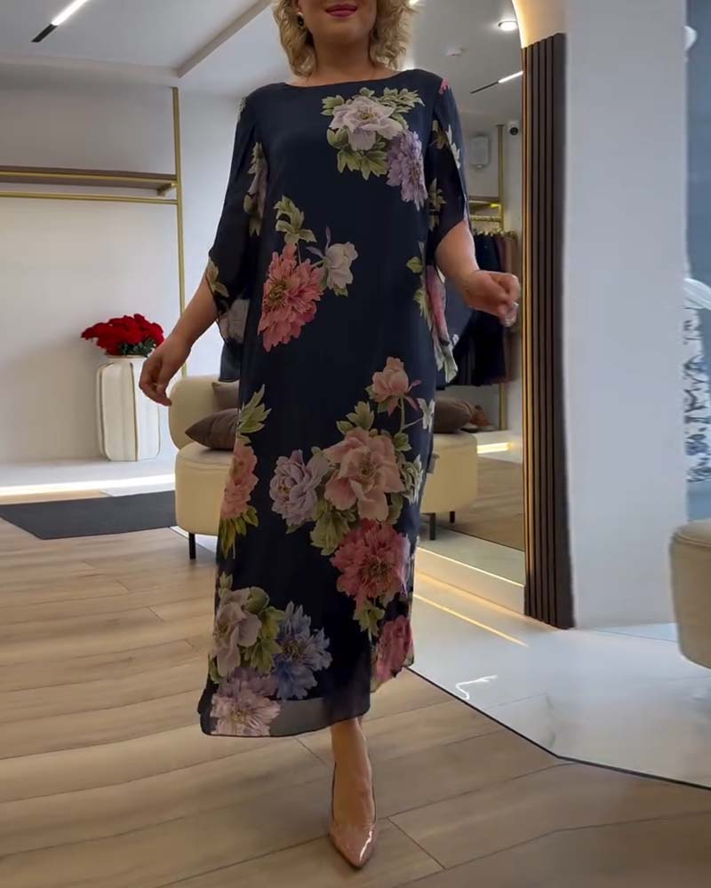 Kleid Rundhals Blumen Schlitz