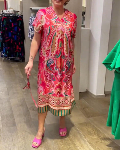 Kleid V-Ausschnitt Bedruckt Kurzärmelig Locker