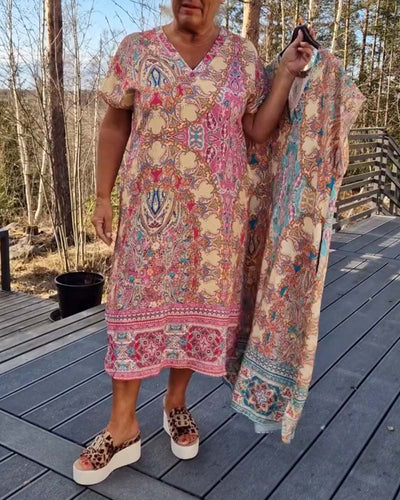 Kleid V-Ausschnitt Kurzarm Bedruckt Gerade