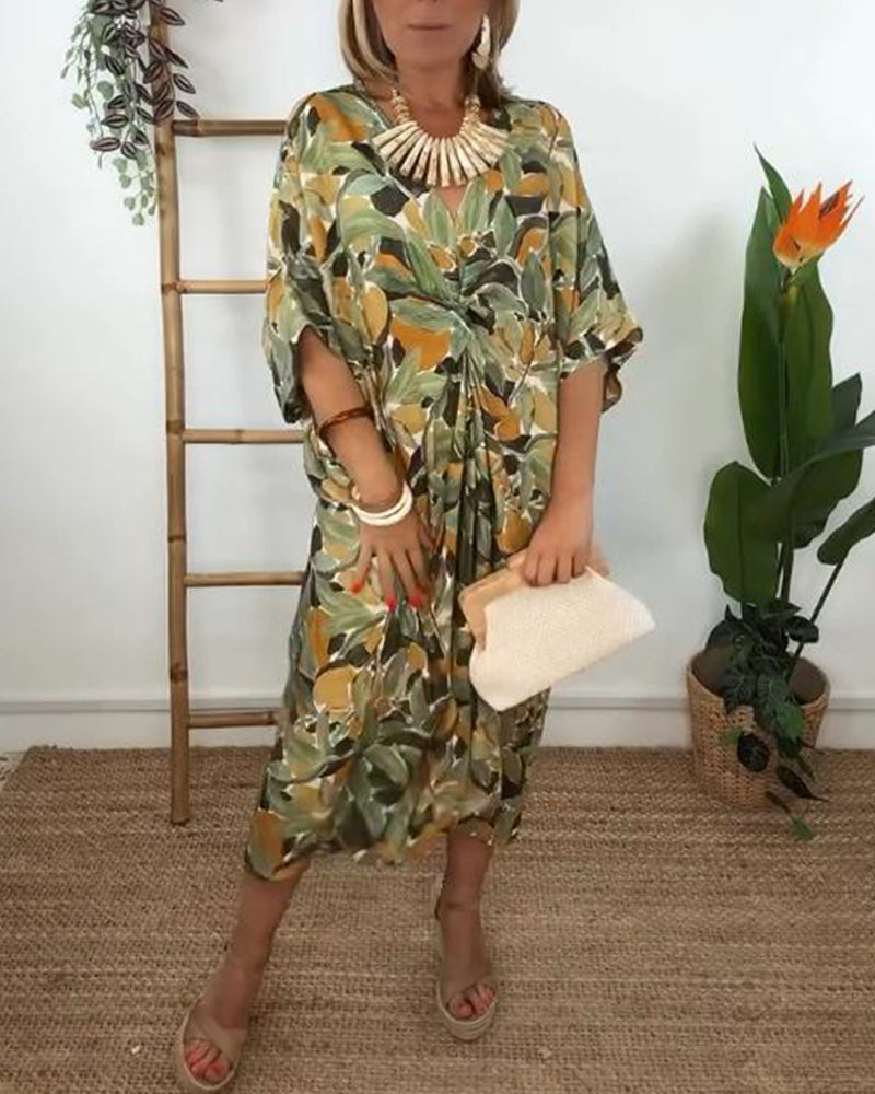 Kleid V-Ausschnitt Falten Print