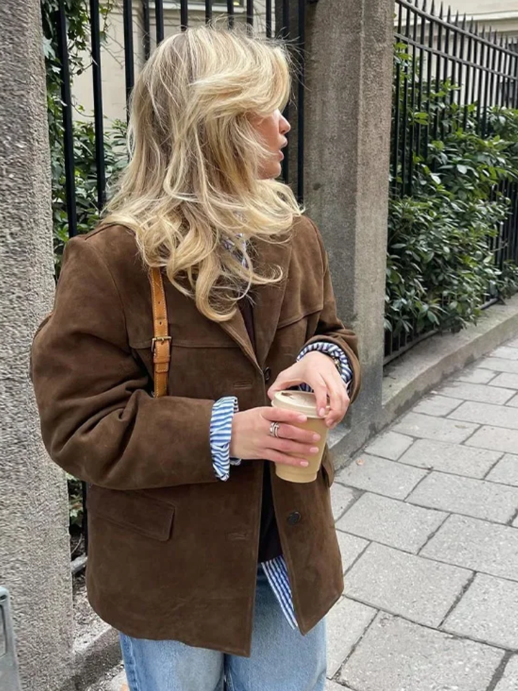 Heidi-Mode | Lederjacke Damen Blazer Modell mit Knopfverschluss und Reverskragen