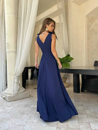 Heidi-Mode | Damen Maxi-Kleid mit Kreuz V-Ausschnitt und Schleife