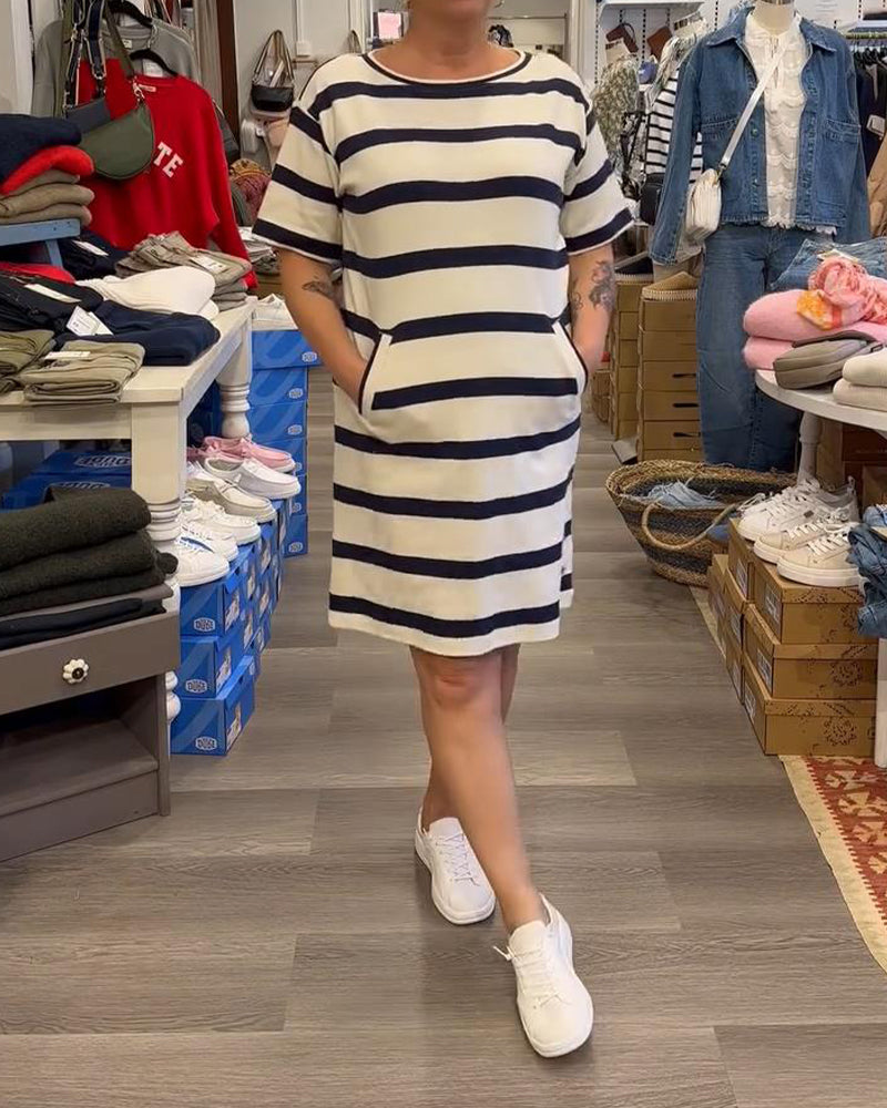 Kleid Rundhals Kurzarm Gestreift