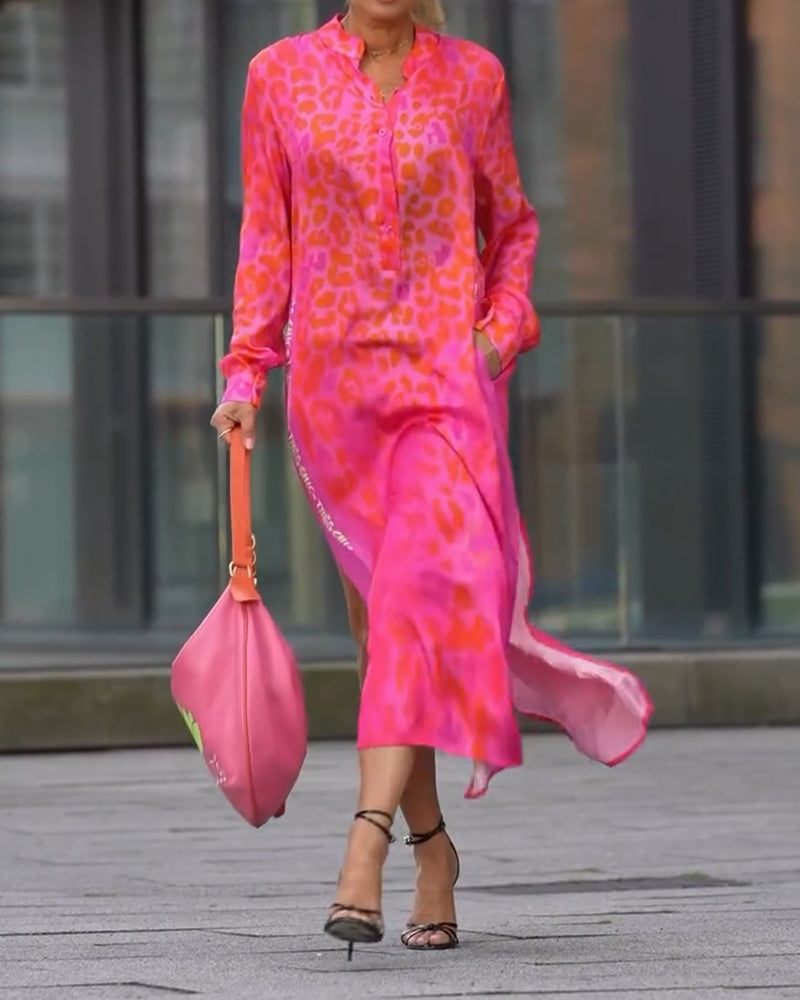 Kleid Langarm Leopardenmuster Schlitz