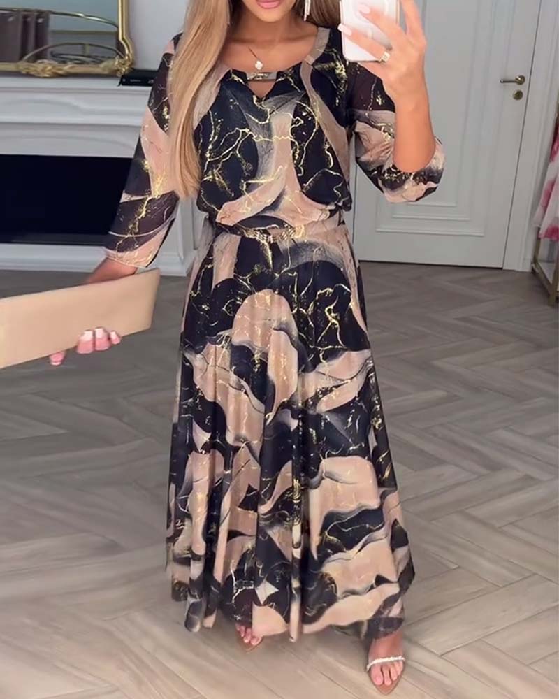 Kleid Elegant Dreiviertelarm Gedruckte Taille