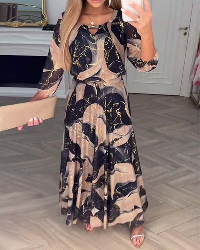 Kleid Elegant Dreiviertelarm Gedruckte Taille