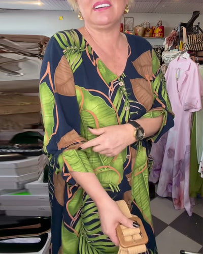 Lockeres Kleid Mit Blattmuster Und V-Ausschnitt
