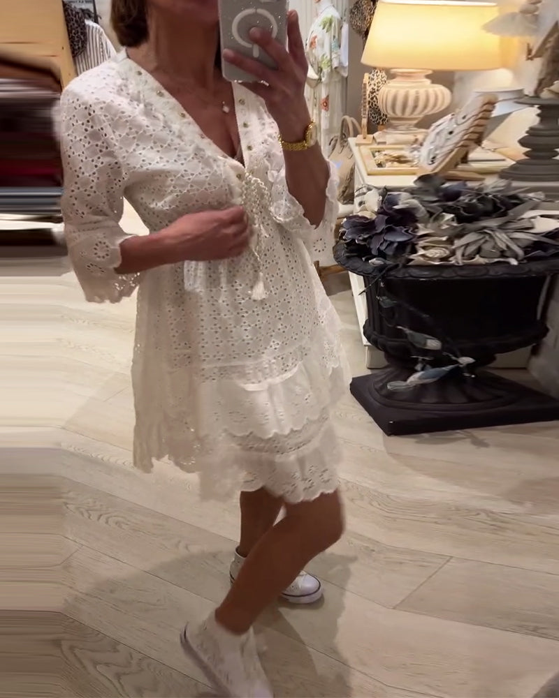 Kleid Trompetenärmel Spitze Hohles Design Schleife