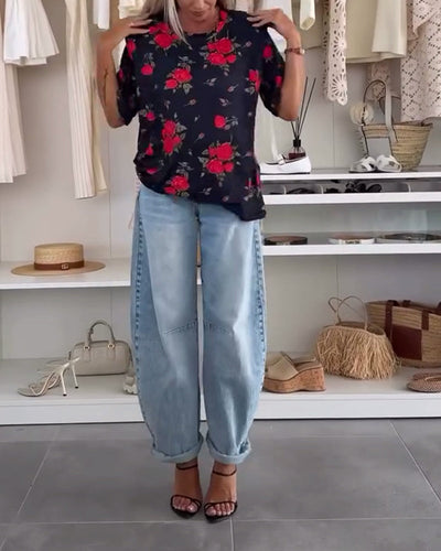 T-Shirt Rundhals Blumenmuster Kurzärmlig