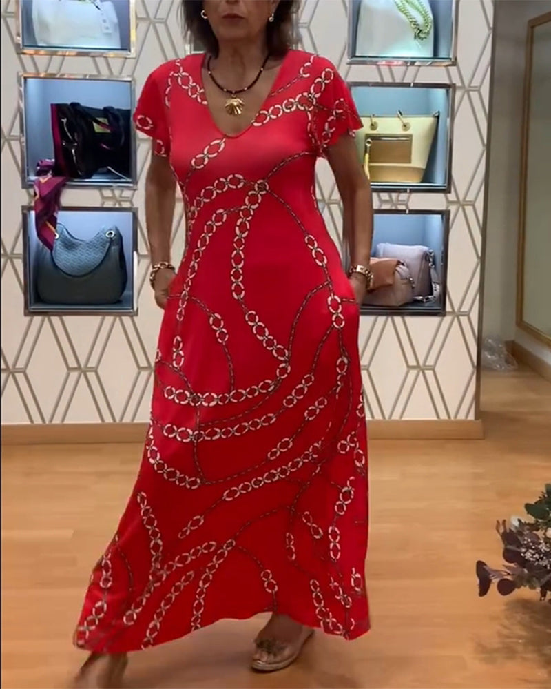 Maxikleid mit V-Ausschnitt und Kettenprint