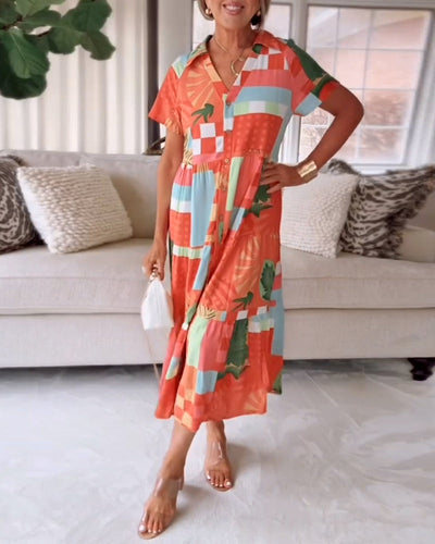 Kleid V-Ausschnitt Kurzärmelig Bedruckt Lässig