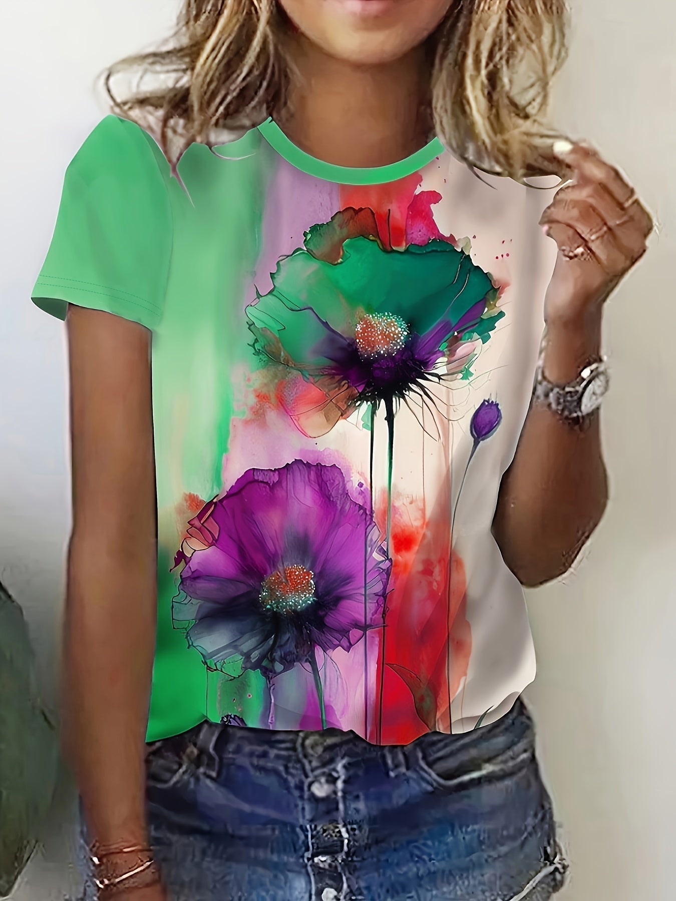 Heidi-Mode | Blumenprint Farbblock T-Shirt mit Kurzarm