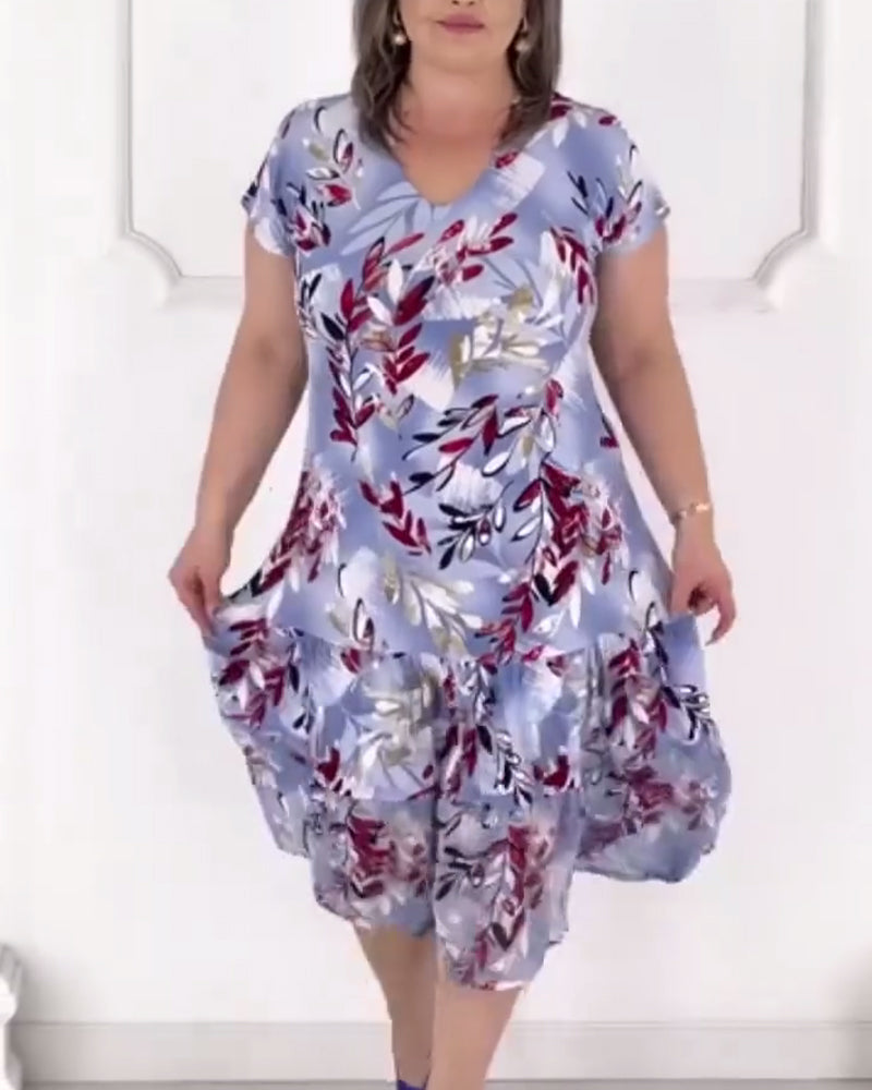 Kleid Kurzarm V-Ausschnitt Bedruckt Elegant