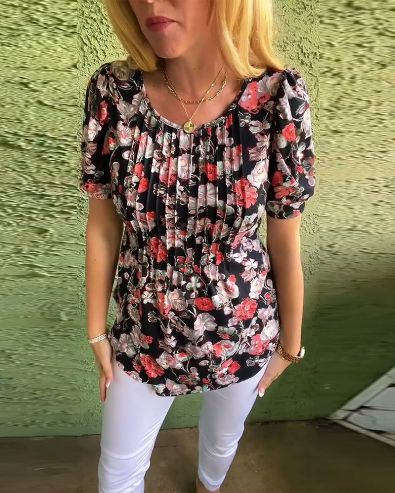 Bluse Rundhals Puffärmel Plissiert Blumenmuster