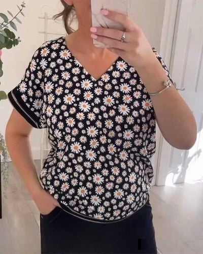 T-Shirt mit V-Ausschnitt und Gänseblümchen-Print