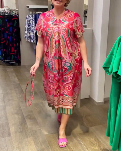 Kleid V-Ausschnitt Bedruckt Kurzärmelig Locker