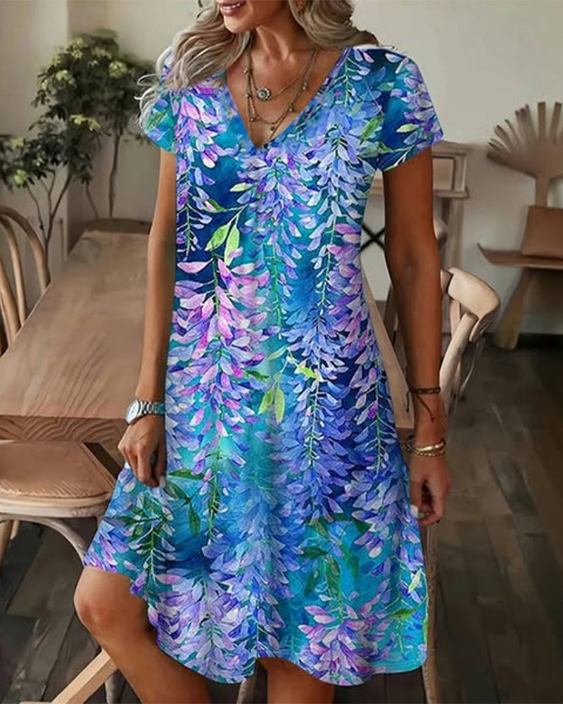 Kleid V-Ausschnitt Blumen Casual Gerade