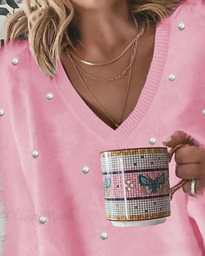 Flauschiger Pullover mit V-Ausschnitt für Frauen