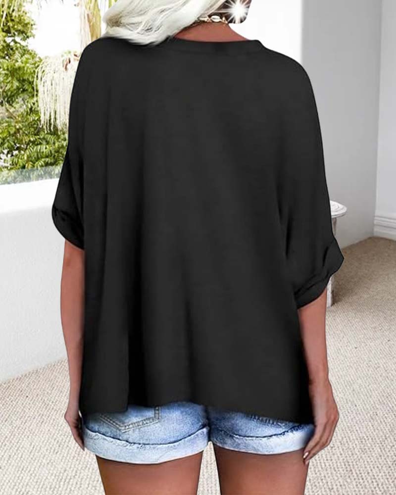 T-Shirt V-Ausschnitt Gerollter Saum Kurzärmlig Weit