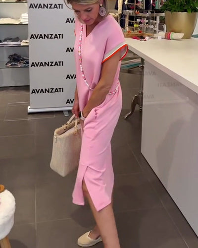 Kleid Lotusblatt-Ärmel V-Ausschnitt Lässiger Schlitz