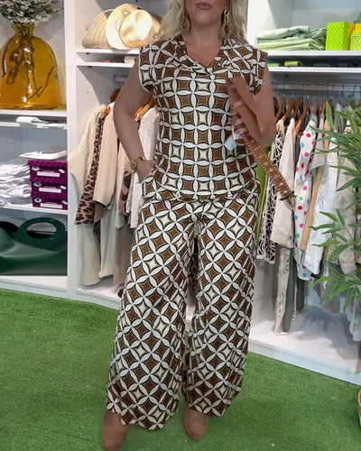 Anzug Modisch Rundhals Bedruckte Weitbein-Hose