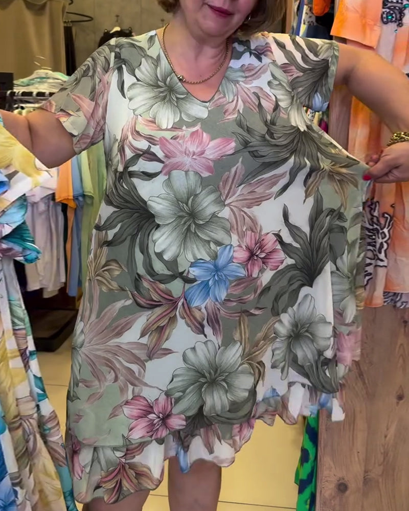 Kleid V-Ausschnitt Blumen Kurzärmlig Druck