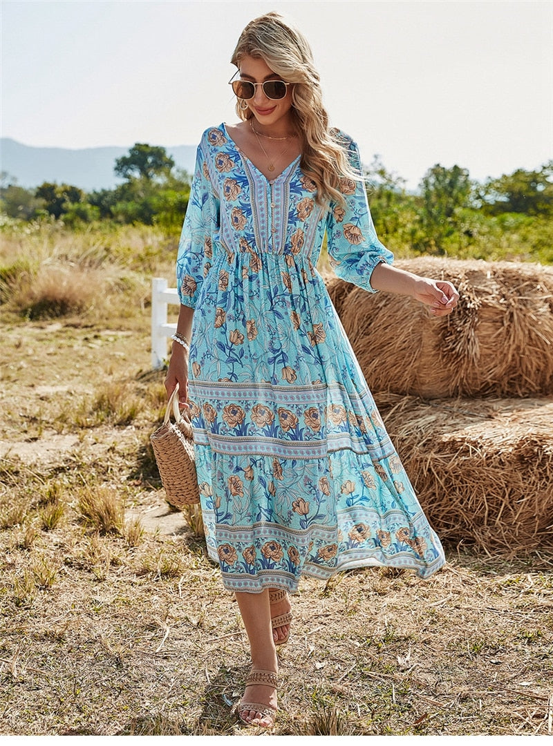 Boho Maxikleid – V-Ausschnitt, 3/4 Ärmel, Blumenmuster