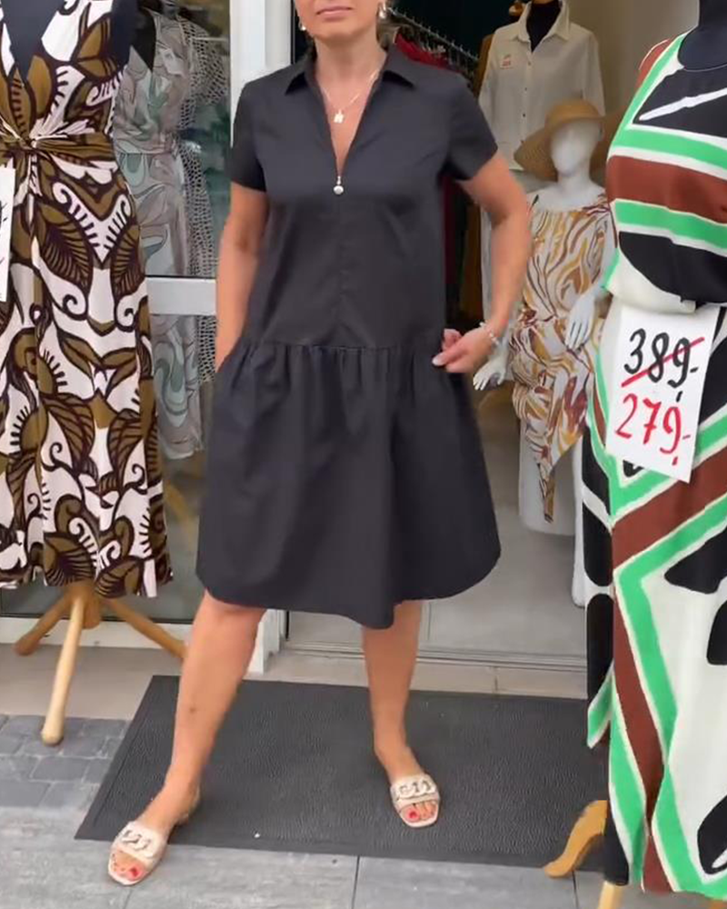 Kleid Revers Halbreißverschluss Uni A-Linie